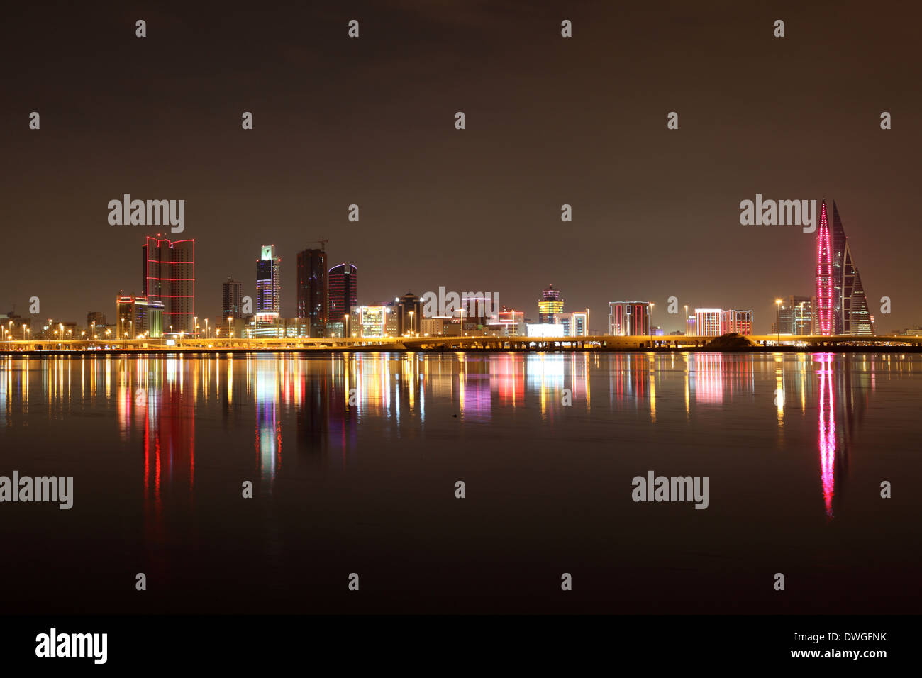 Skyline of Manama at night. Bahrain, Middle East Stock Photo