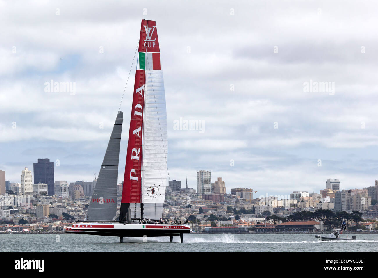 The Luna Rossa Challenge Catamaran races on San Francisco Bay during the 2013 Americas Cup competition. Stock Photo
