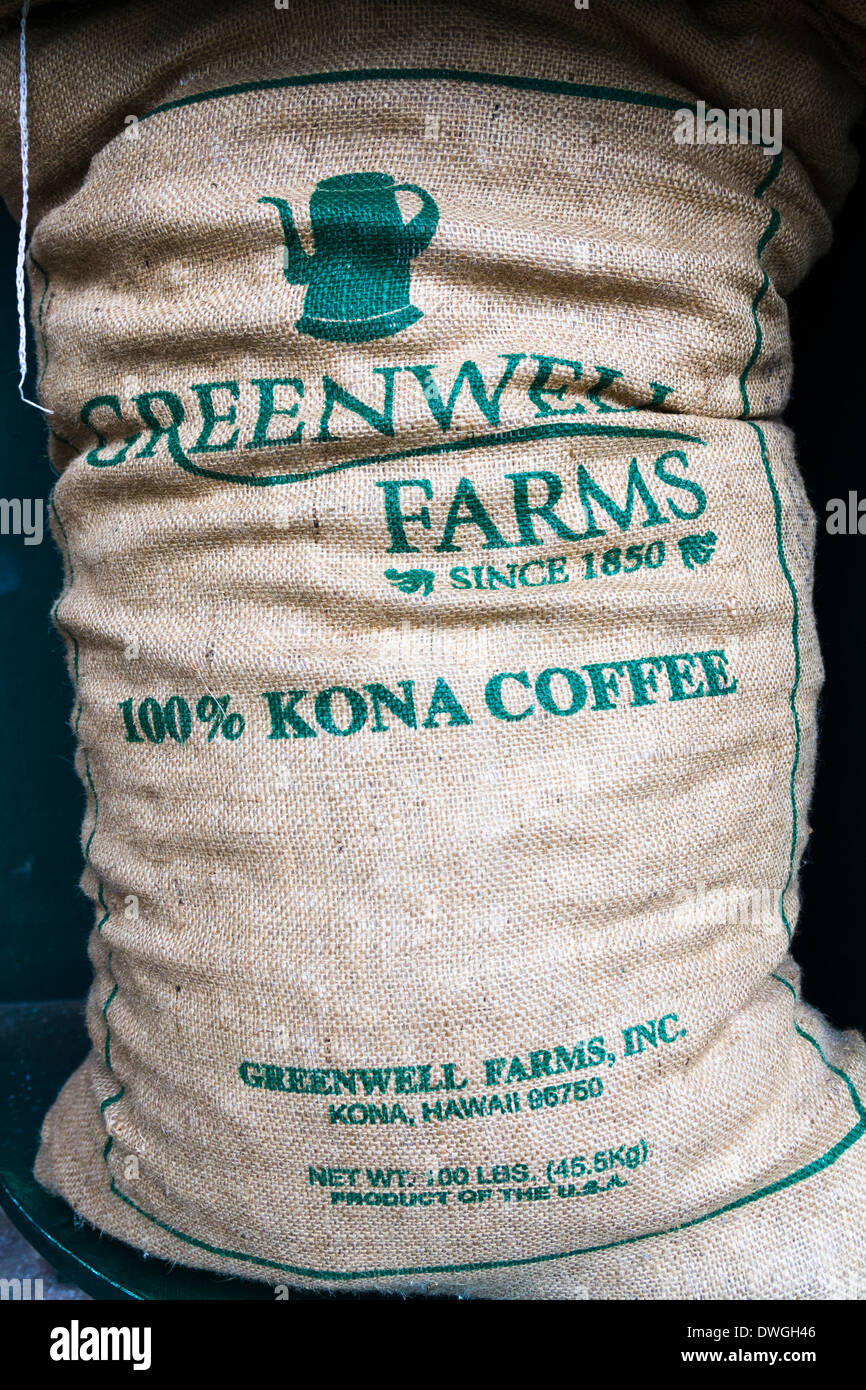 Bag of 100% Kona Coffee beans at Greenwell Farms. Kealakekua, Big Island, Hawaii, USA. Stock Photo