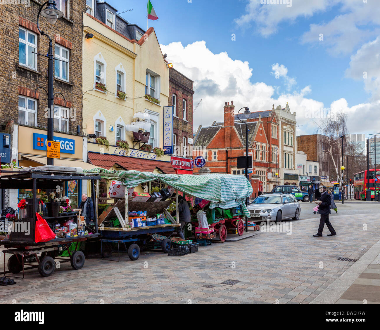 Traditional street market stalls and shops in buildings in Lower Marsh