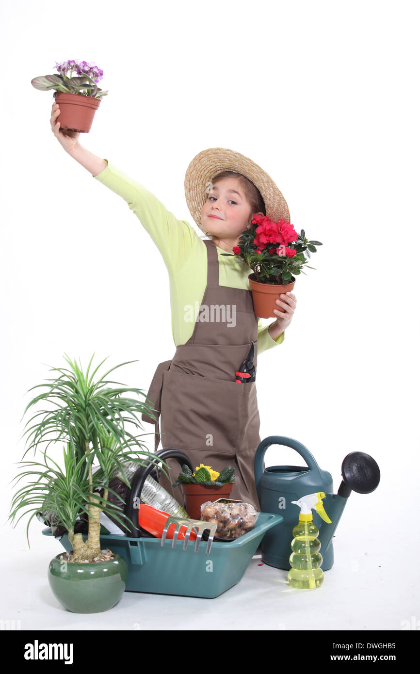little girl gardening isolated on white Stock Photo