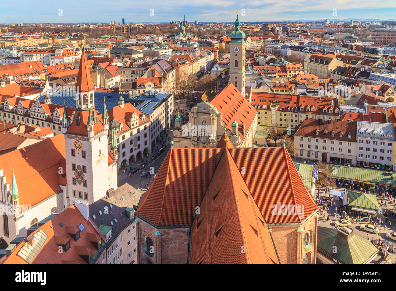 Munich Panorama with old city hall, Holy Spirit Church and Viktualienmarkt, Bavaria, Germany Stock Photo
