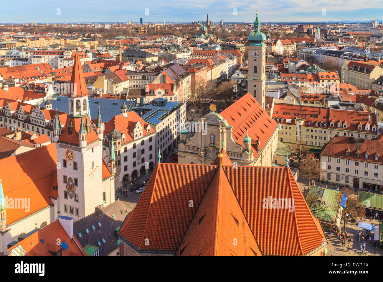 Munich Panorama with old city hall, Holy Spirit Church and Viktualienmarkt, Bavaria, Germany Stock Photo