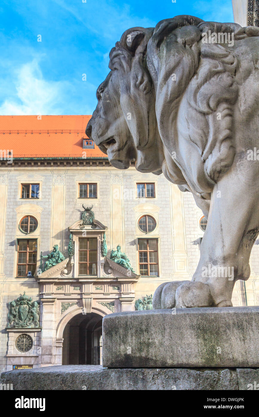 Munich, Bavarian Lion Statue in front of Feldherrnhalle, Bavaria, Germany Stock Photo