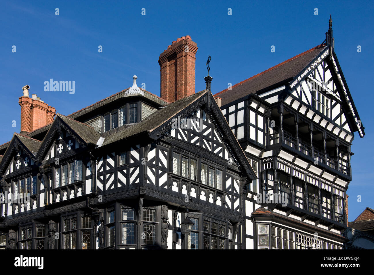 Tudor buildings in The Rows in Chester in the county of Cheshire in the North West of England Stock Photo