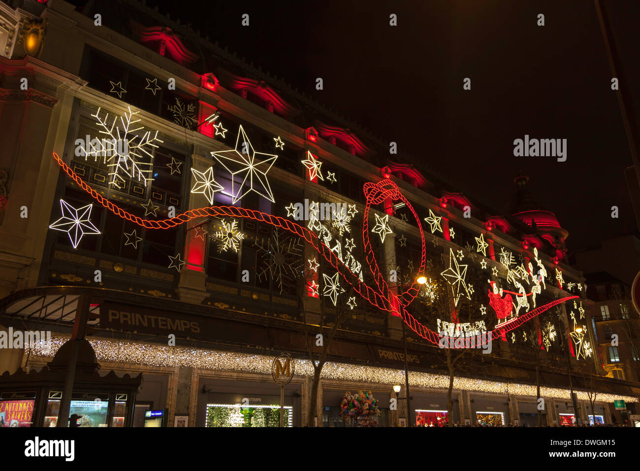 Christmas lights on the exterior of Au Printemps department store, Paris, France Stock Photo