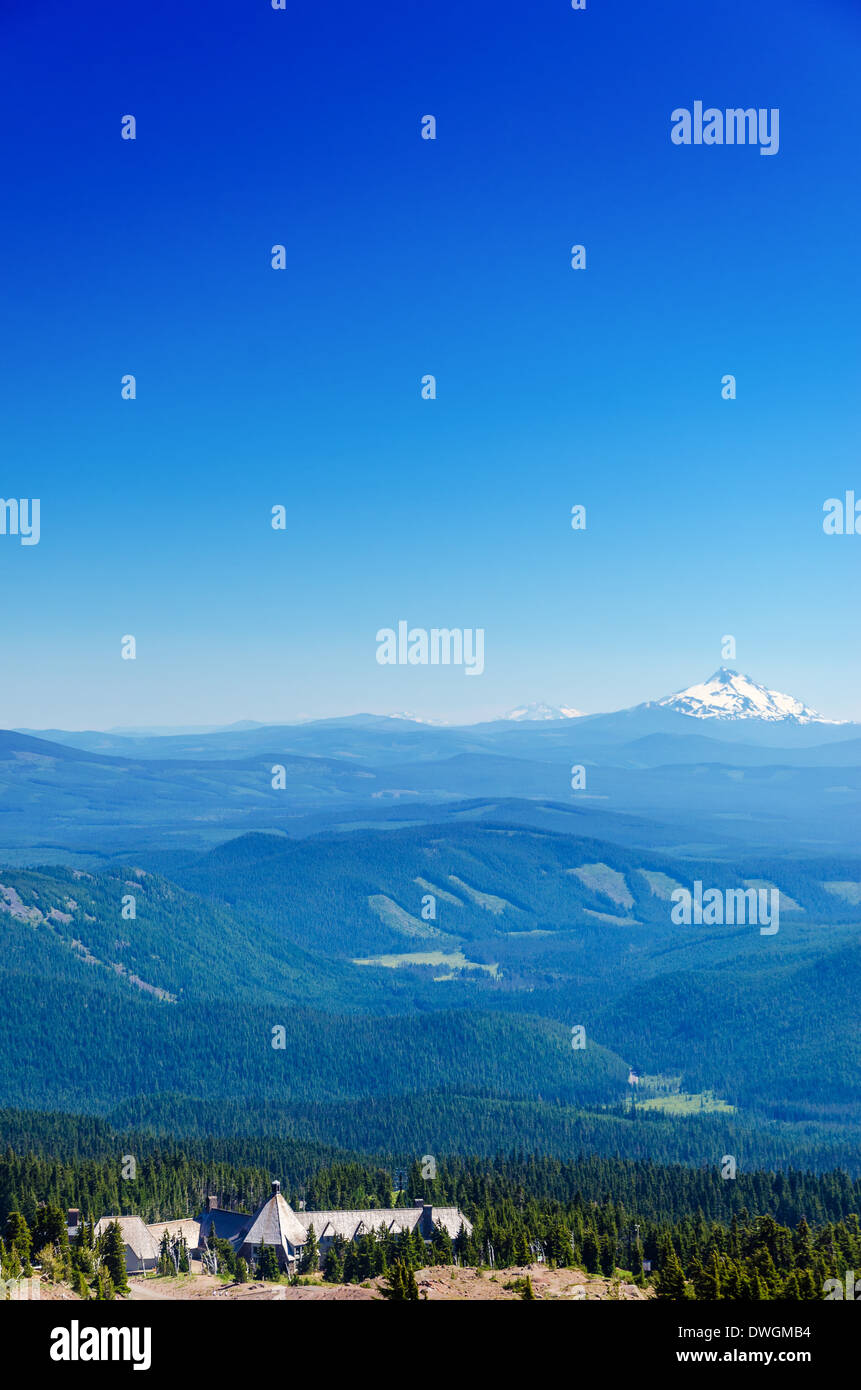 View of Mount Jefferson with Timberline Lodge at the bottom of the frame Stock Photo