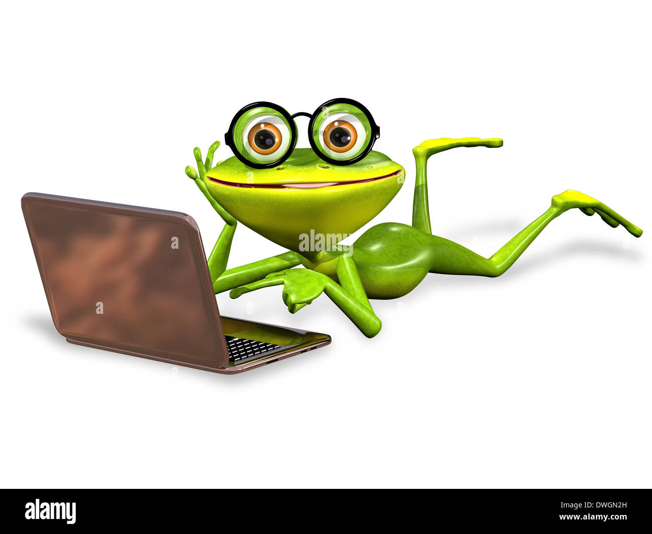 3d illustration merry green frog with notebook Stock Photo - Alamy