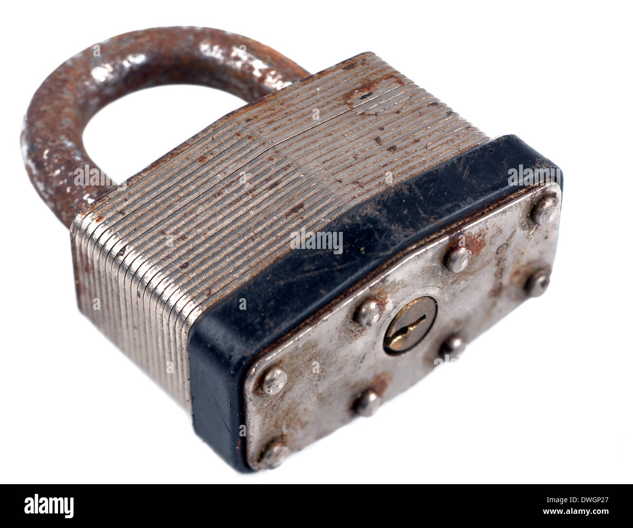 Old rusting plated padlock Stock Photo