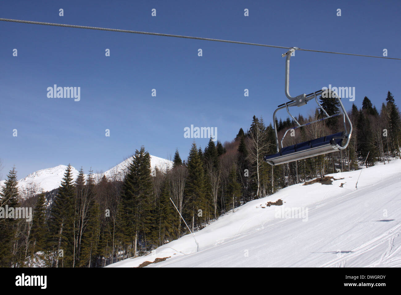 chairlift in Caucasian mountains at winter Stock Photo