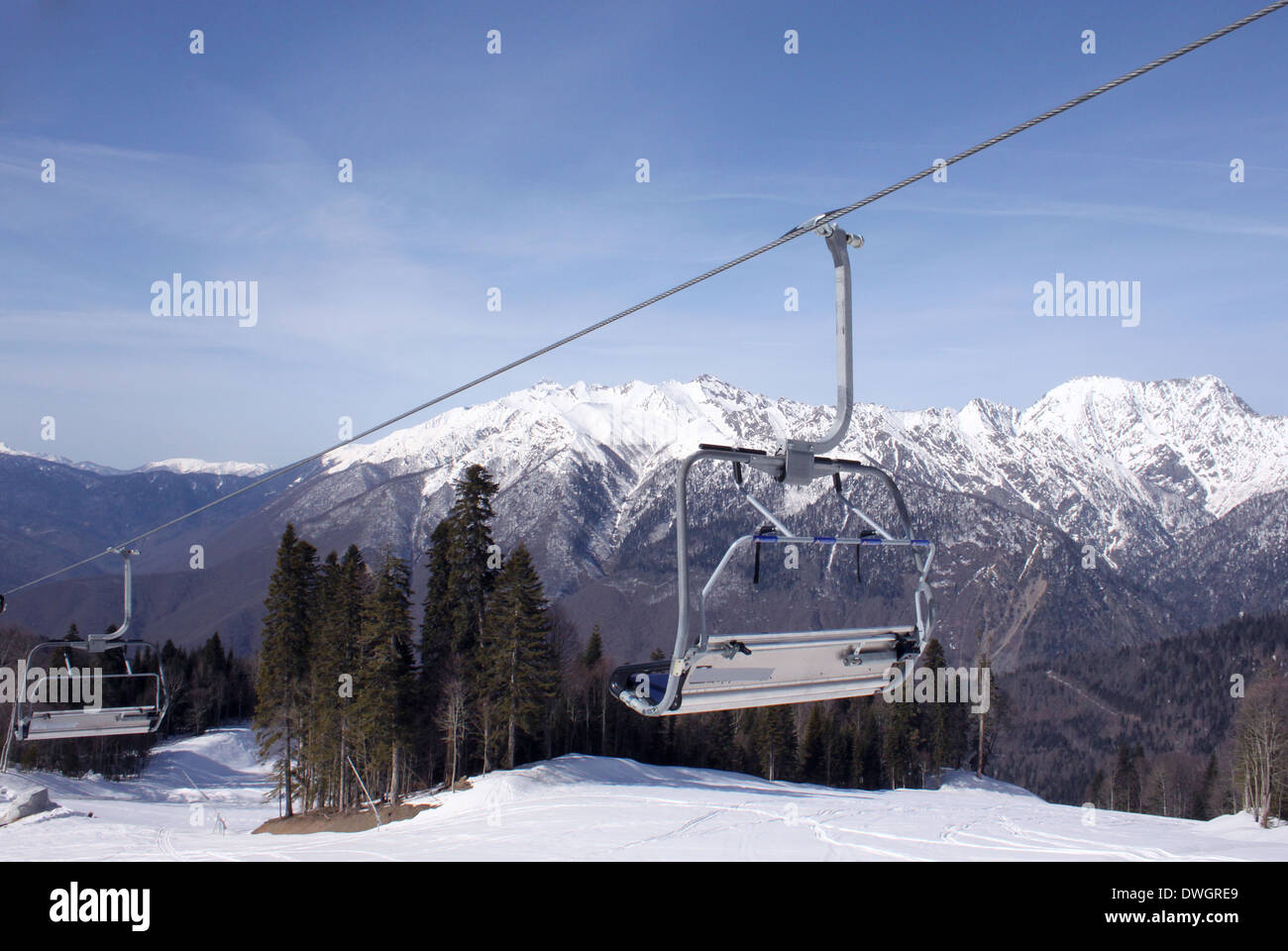 chairlift in Caucasian mountains at winter Stock Photo