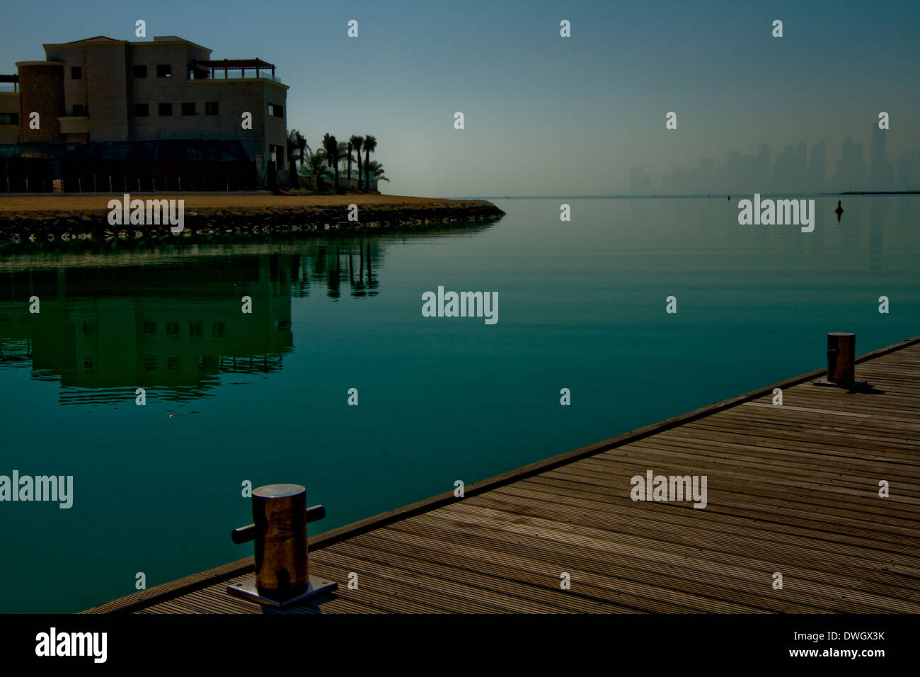 Qatar City Scape View Morning Mist Quay Sun Flare Stock Photo
