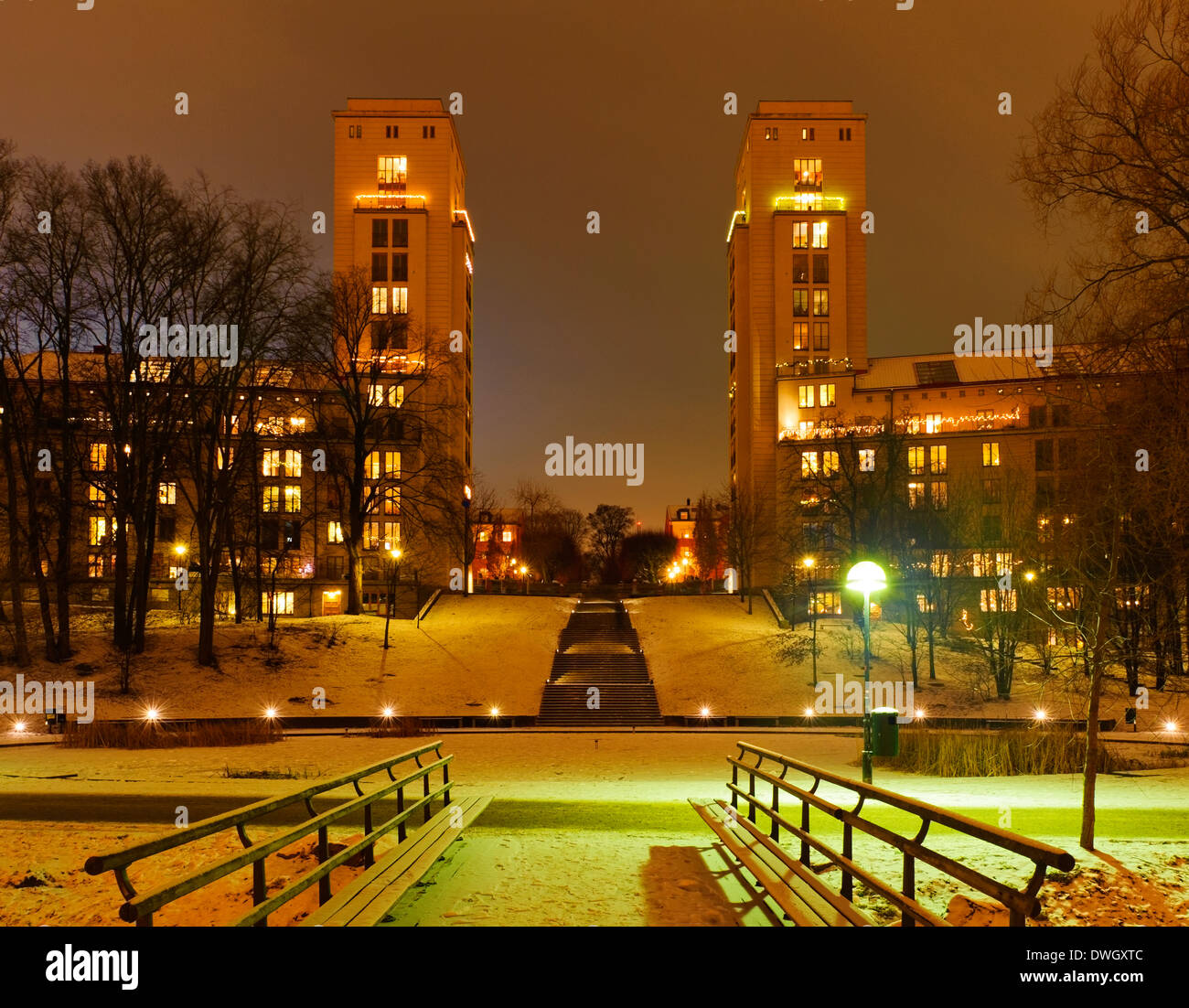 Winter night view of twin apartment buildings with towers, Grubben area, Kungsholmen, Stockholm, Sweden. Stock Photo