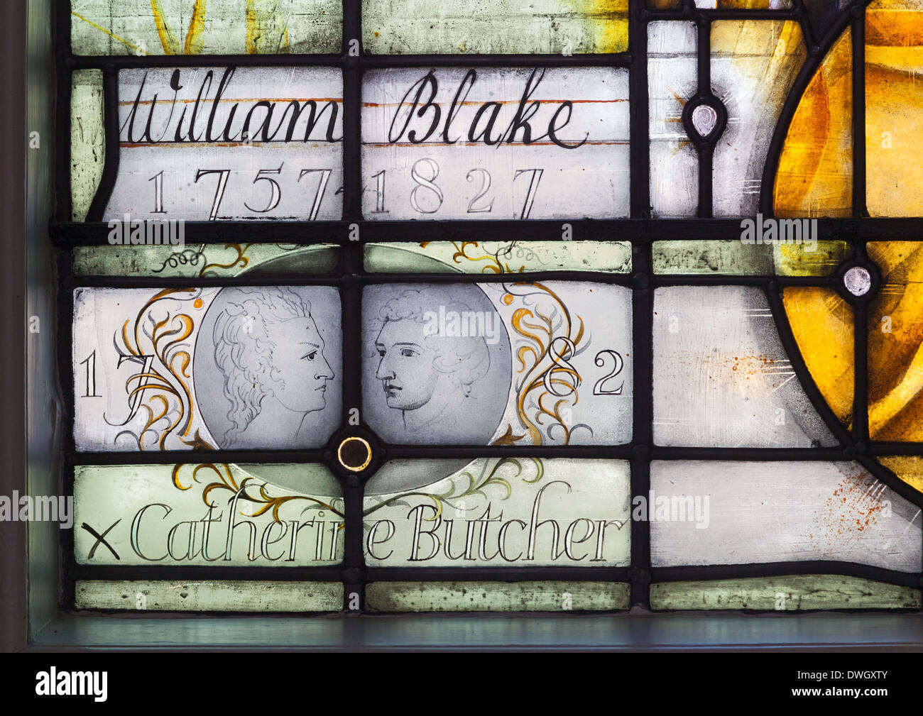 London, Battersea   The wife of William Blake 'signing' her name with a cross in a window in St Mary's church Stock Photo