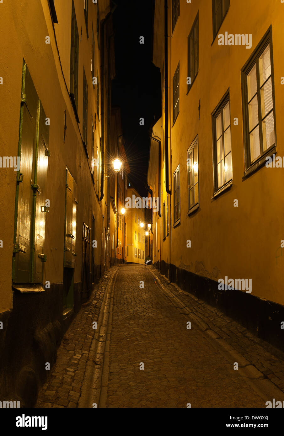 Evening view of Baggensgatan, a narrow street in Gamla Stan, the old town, of Stockholm, Sweden Stock Photo