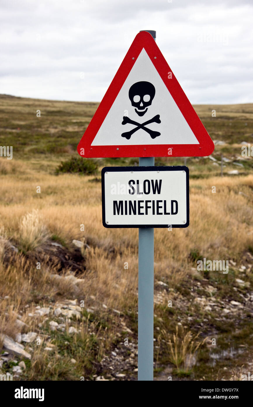 Danger Minefield sign near a road in the Falkland Islands (Islas Malvinas). Stock Photo