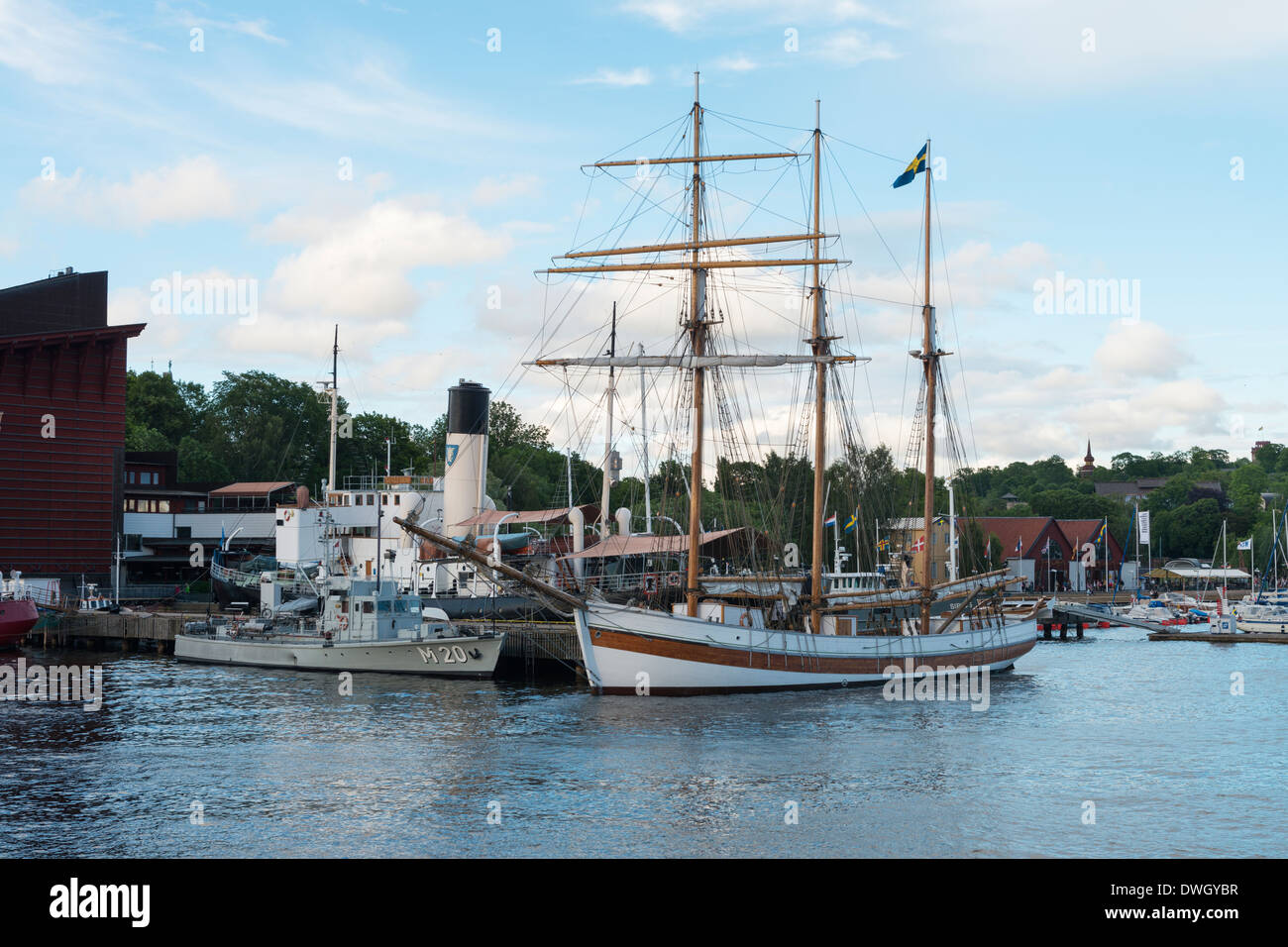 Historic ships moored at the Vasa Museum ('Vasamuseet'), on the island of  Djurgården, Stockholm, Sweden Stock Photo