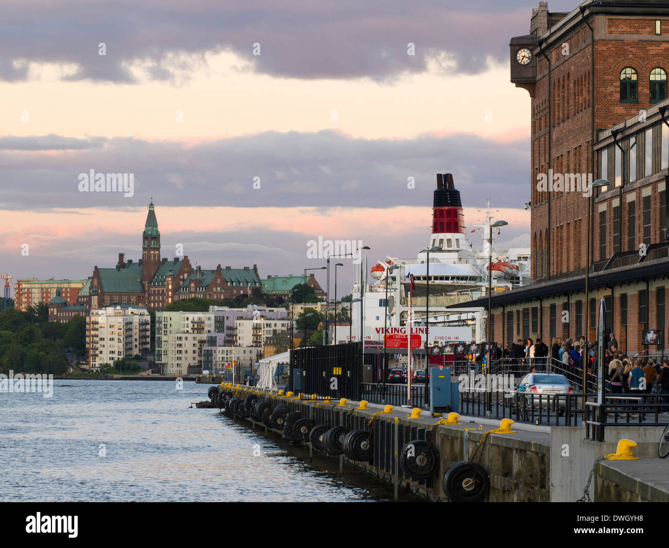 View looking east on Södermalm, from outside the Stockholm photography museum, Fotografiska.  A Viking Line ferry is seen. Stock Photo