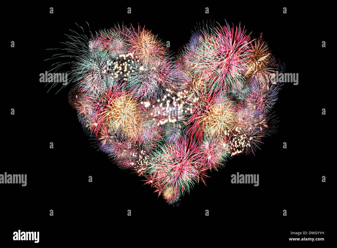 Mix Fireworks or firecracker of heart in the darkness. Stock Photo