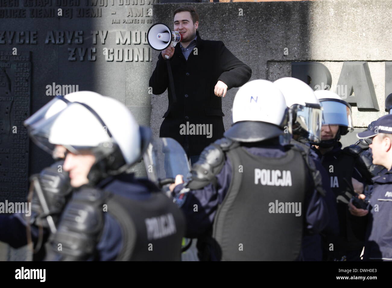 Gdansk, Poland 8th, March 2014 Nacionalists and facist organizations counter demonstration to feminist Manifa 2014 rally. Nacinalists protest against womans, and gay  rights. Police anti-riots forces were used to guard Manifa 2014 rally. Credit:  Michal Fludra/Alamy Live News Stock Photo