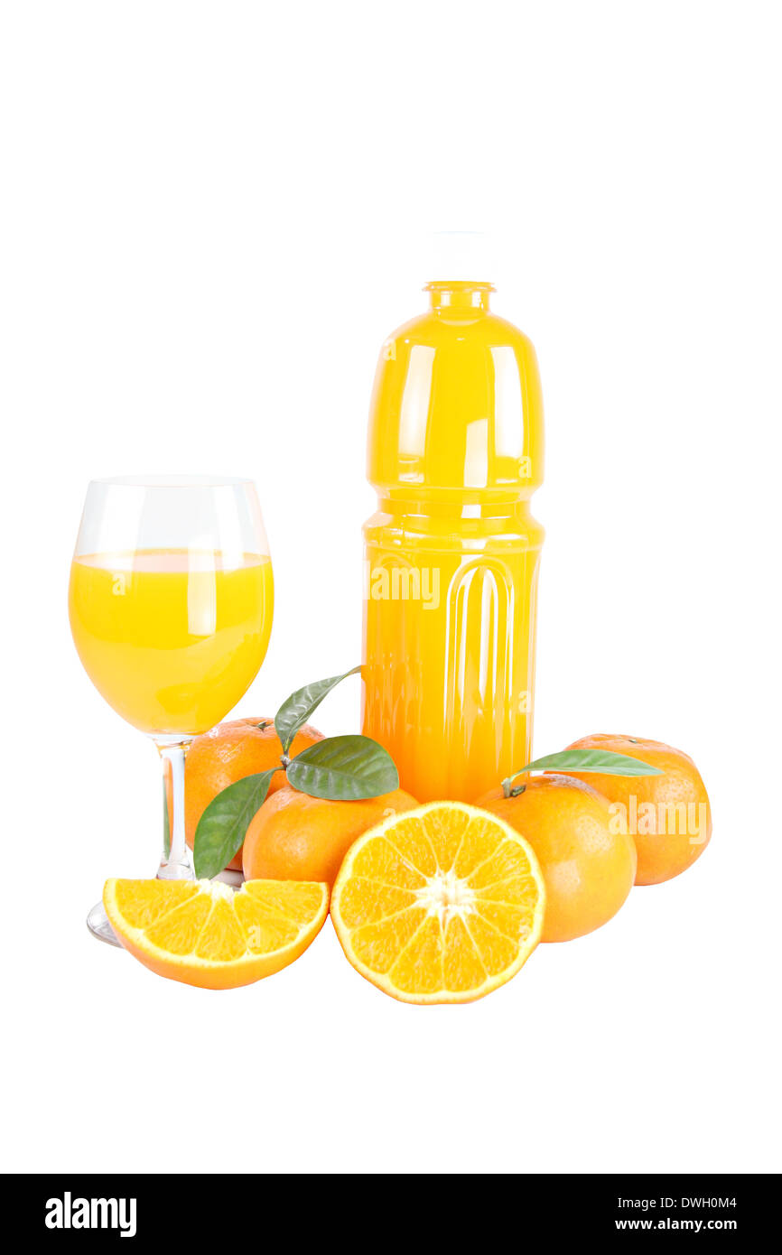 Fresh mandarin Orange and Bottle of juice with sliced isolated on white