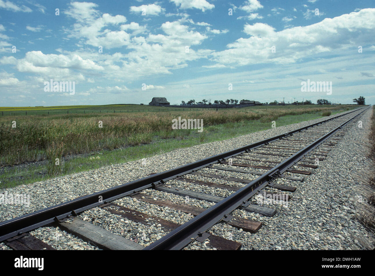 Railroad tracks across prairies, Woodhouse, Alberta, Canada Stock Photo