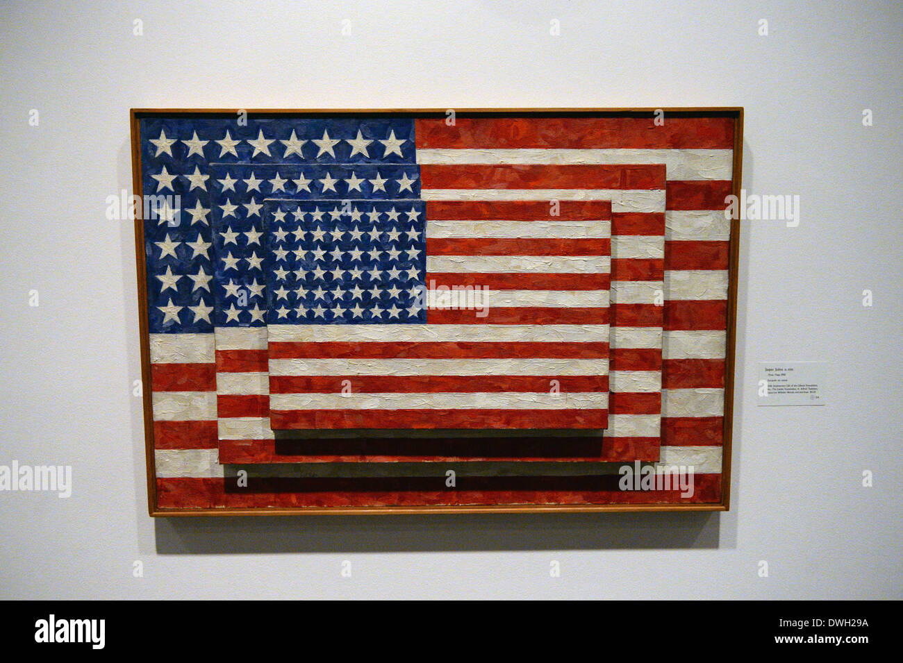 New York, USA. 07th Mar, 2014. The painting 'Three Flags' from 1958 by artist Jasper Jones hangs in the Whitney Museum in New York, USA, 07 March 2014. Photo: FELIX HOERHAGER/dpa/Alamy Live News Stock Photo
