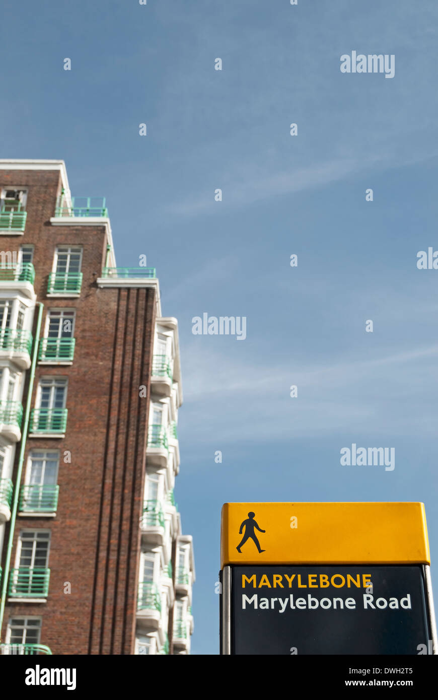 location sign for marylebone road, london, england, with the apartments of dorset court in background Stock Photo