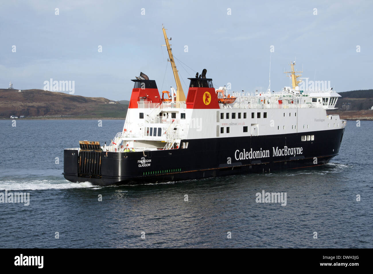 Caledonian MacBrayne car and passenger ferry Finlaggan approaching Port Ellen ferry terminal on Islay Western Isles Scotland Stock Photo