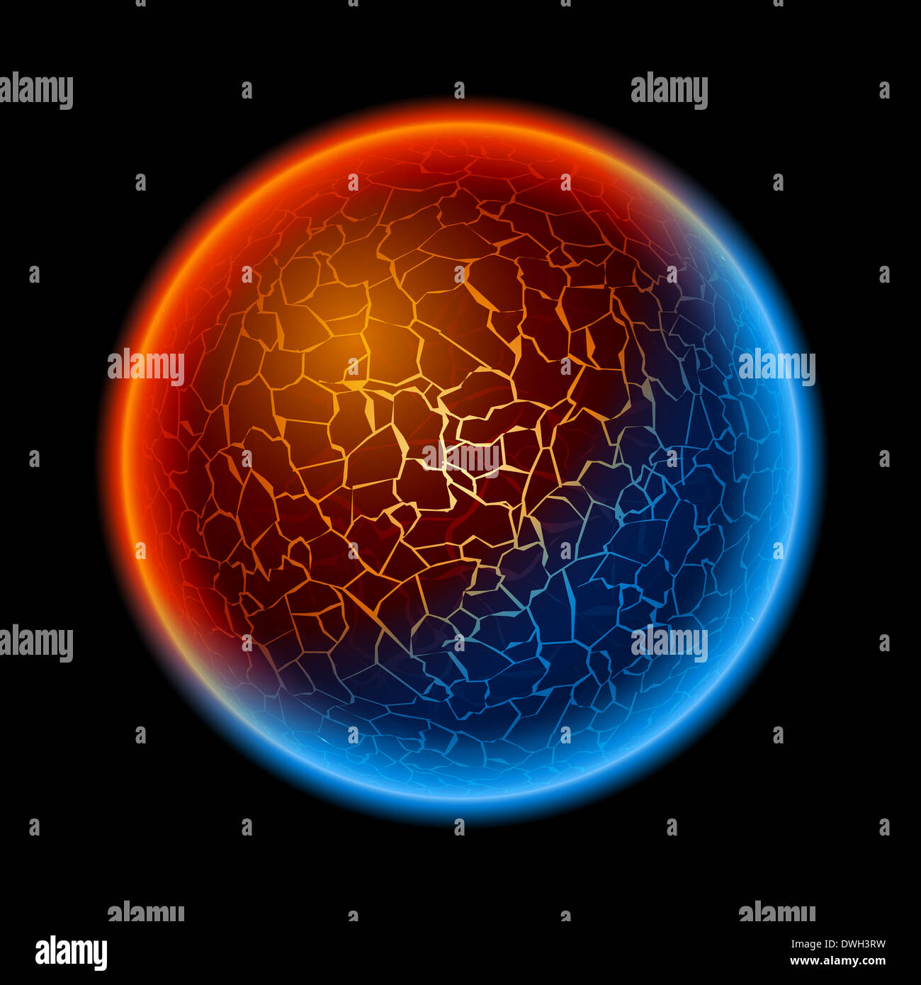 Fire and ice ball planet. Illustration on black background Stock Photo