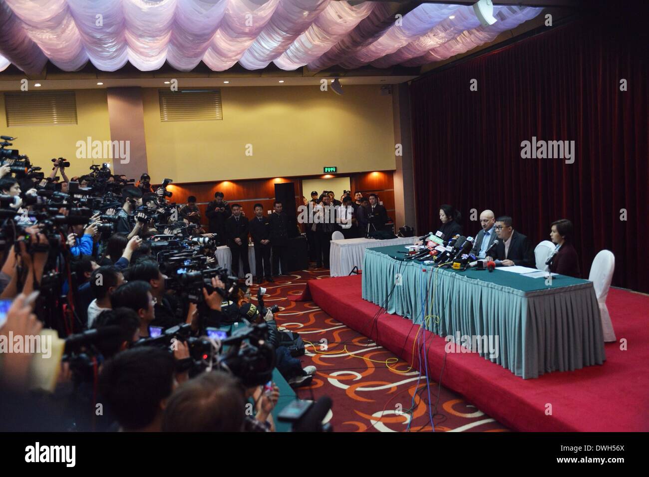 Beijing, China. 9th Mar, 2014. Malaysia Airlines hold press conference in Beijing on missing flight MH 370 on March 9, 2014. Credit:  Wang Quanchao/Xinhua/Alamy Live News Stock Photo