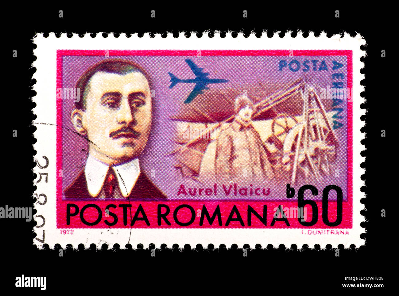 Postage stamp from Romania depicting Aurel Vlaicu, Romanian aviation pioneer. Stock Photo
