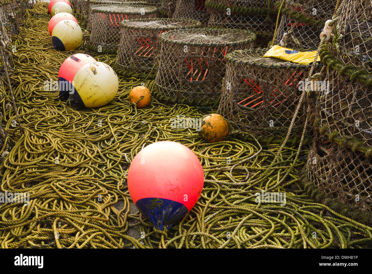 Trawler fishing nets, ropes and equipment set out on Mudeford Quay