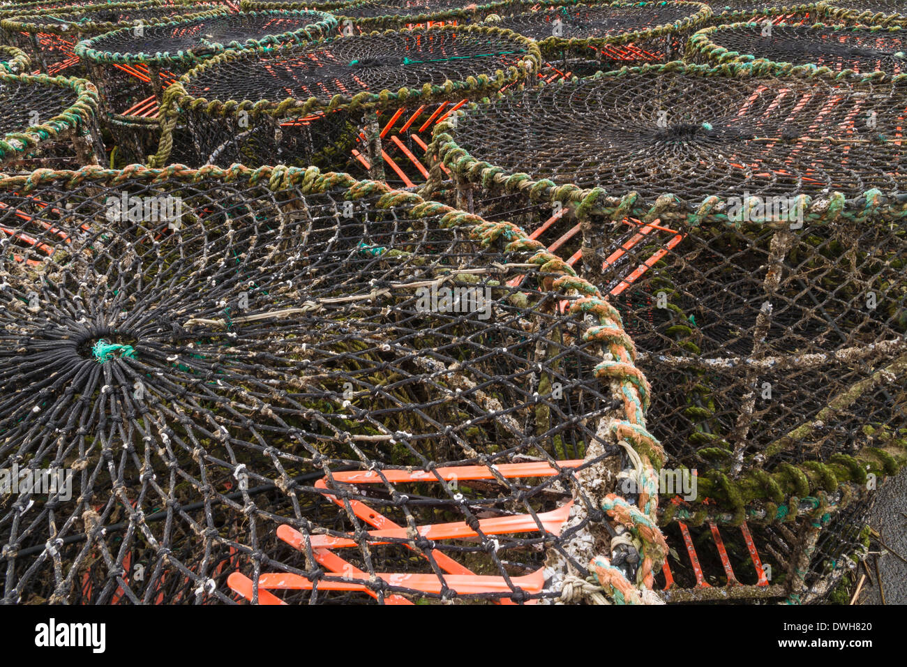 Stacked lobster pots, with buoys on Mudeford Quay, Christchurch, Dorset