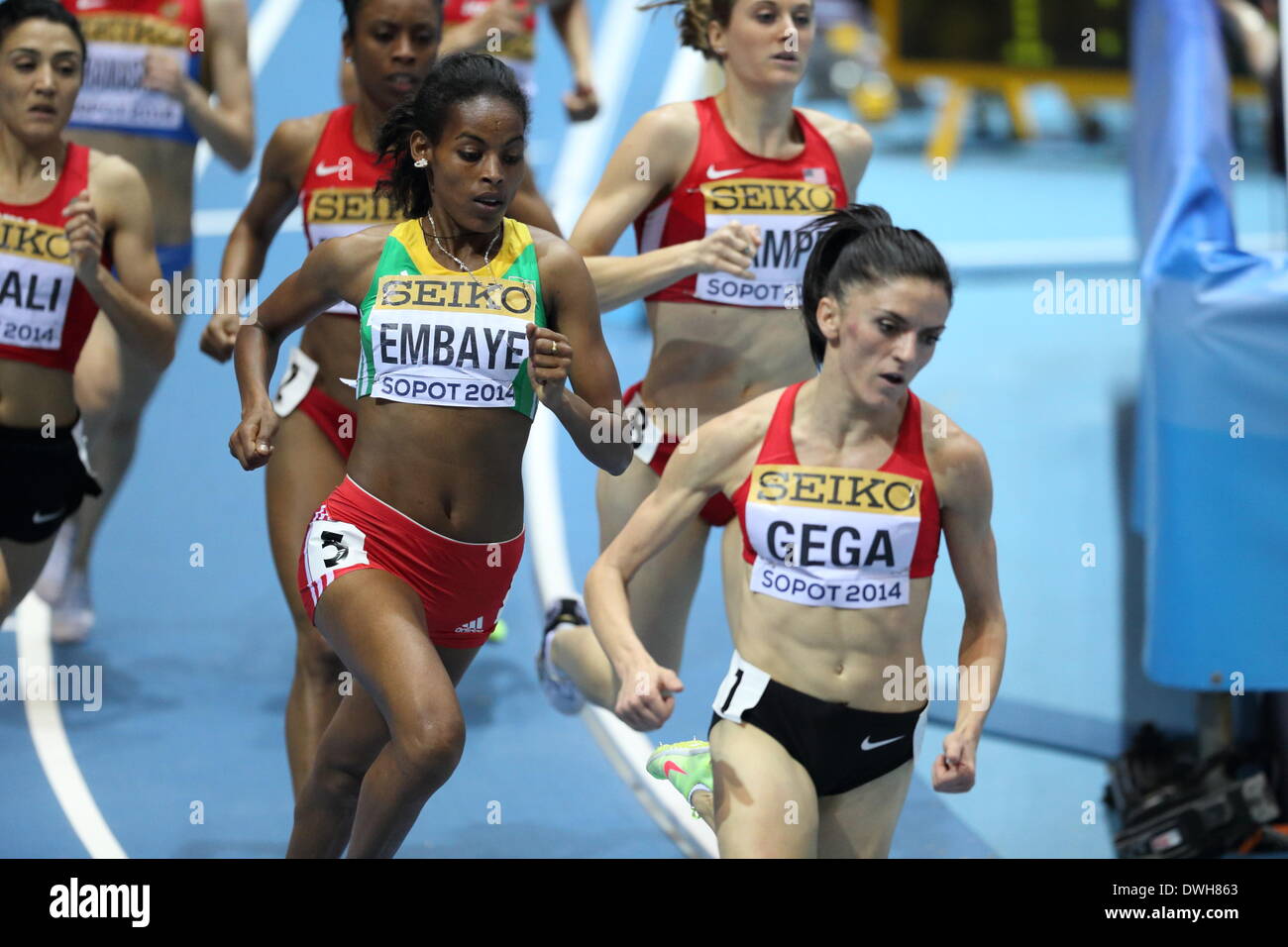 Sopot, Poland 8th, March 2014 IAAF World Indoor Championships in Sopot.  Abeba Aregawi (Sweden) wins 1500 Metres final. Luiza Gega (Albania) (R) and Axumawit Embaye (Ethiopia) (L) competite during the run. Stock Photo