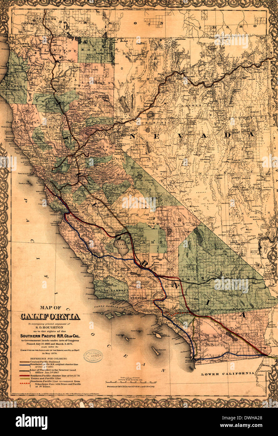 Map of California with railroads, circa 1876 Stock Photo