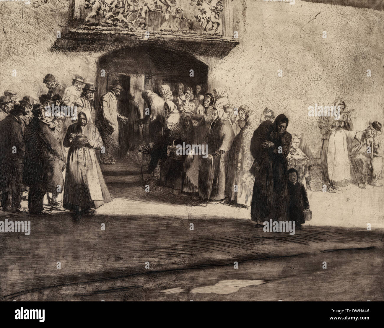 Die klostersuppe - The Monastery Soup - Lining up for soup at the monastery, circa 1850 Stock Photo