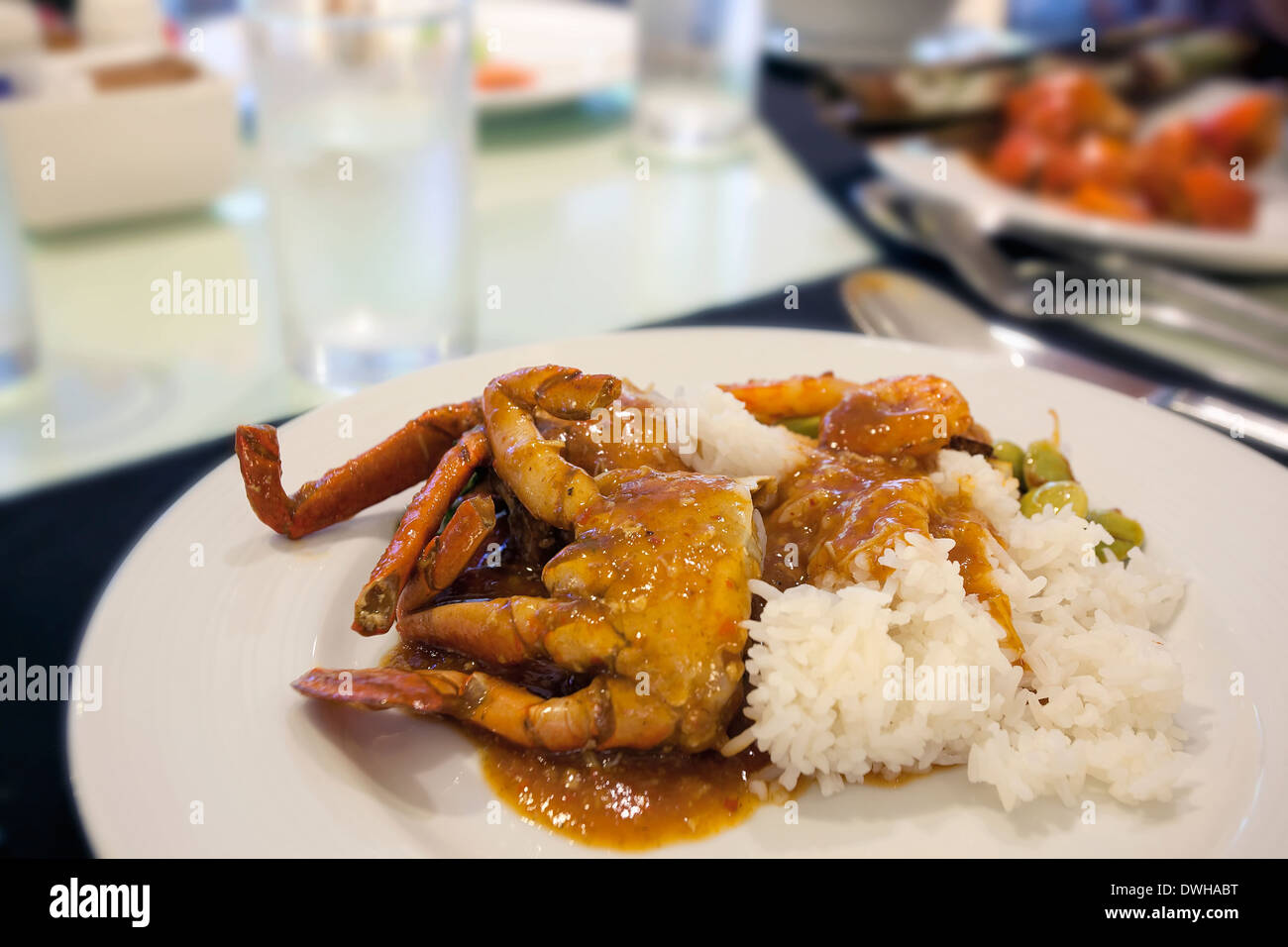 Singapore Spicy Chili Crab with Steam Rice Closeup Stock Photo