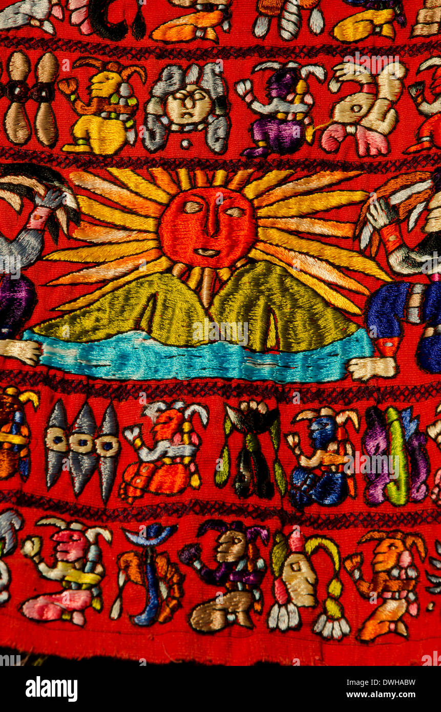 Belize, Placencia. Detail of traditional embroidery textile with Mayan ...