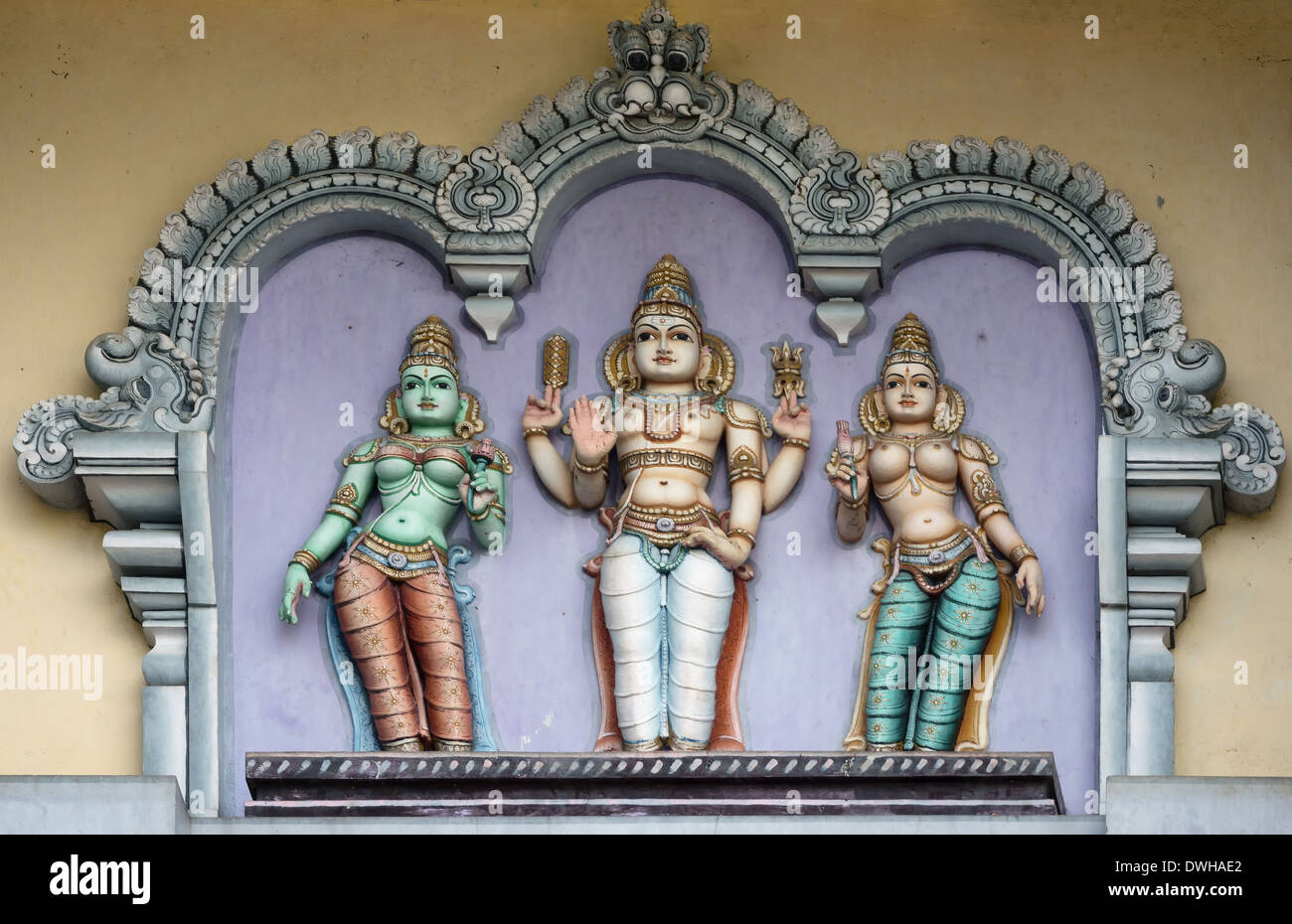 Lord Murugan and his two wives, Valli and Deivayanai at Rathinagiri Hill Temple in Vellore, Tamil Nadu, India. Stock Photo
