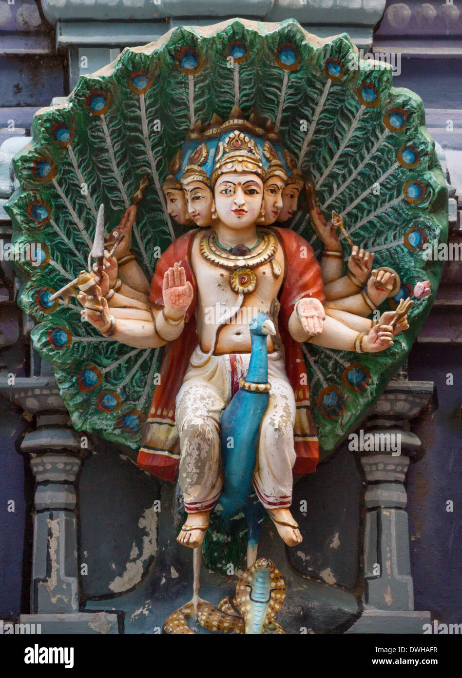 Murugan on his peacock mount statue on Gopuram at Rathinagiri Hill Temple in Tamil Nadu, India. Stock Photo