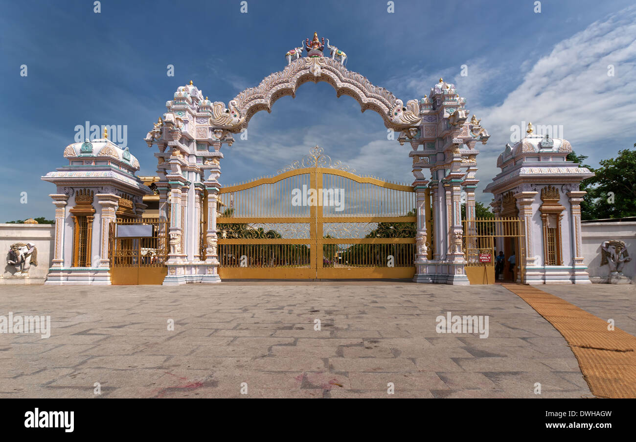 The ornamental entrance gate of Sripuram, the Golden Temple in Vellore, Tamil Nadu, India. Stock Photo