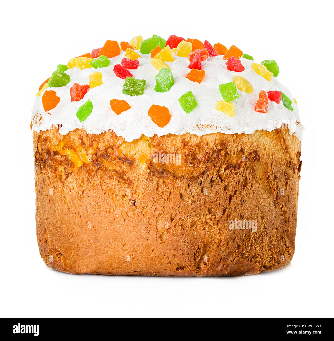 Easter cake with glace icing on white background Stock Photo