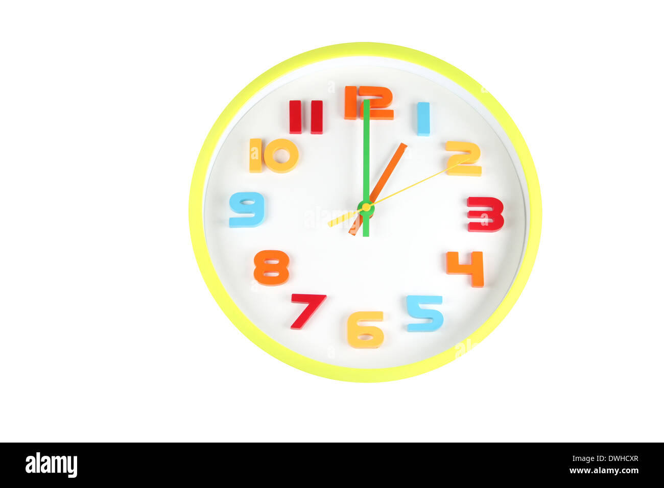 Colorful clock in telling time of one o'clock on white background. Stock Photo