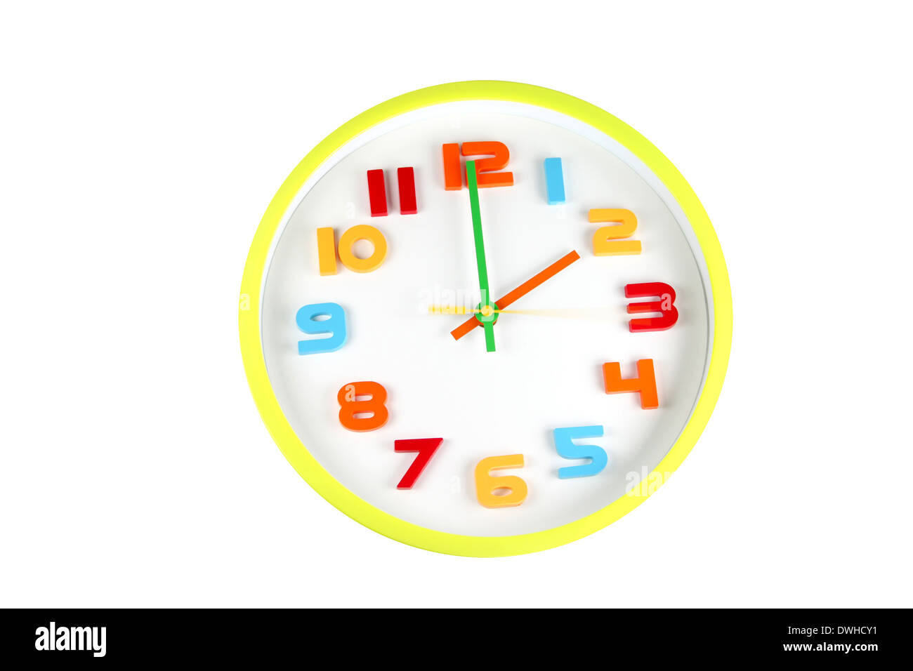 Colorful clock in telling time of two o'clock on white background. Stock Photo