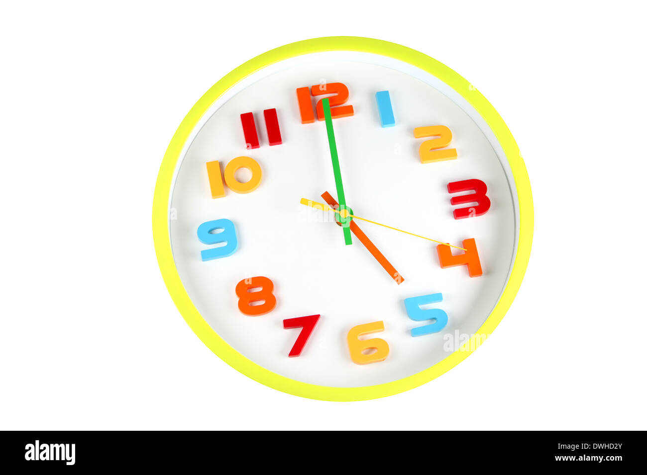 Colorful clock in telling time of five o'clock on white background. Stock Photo
