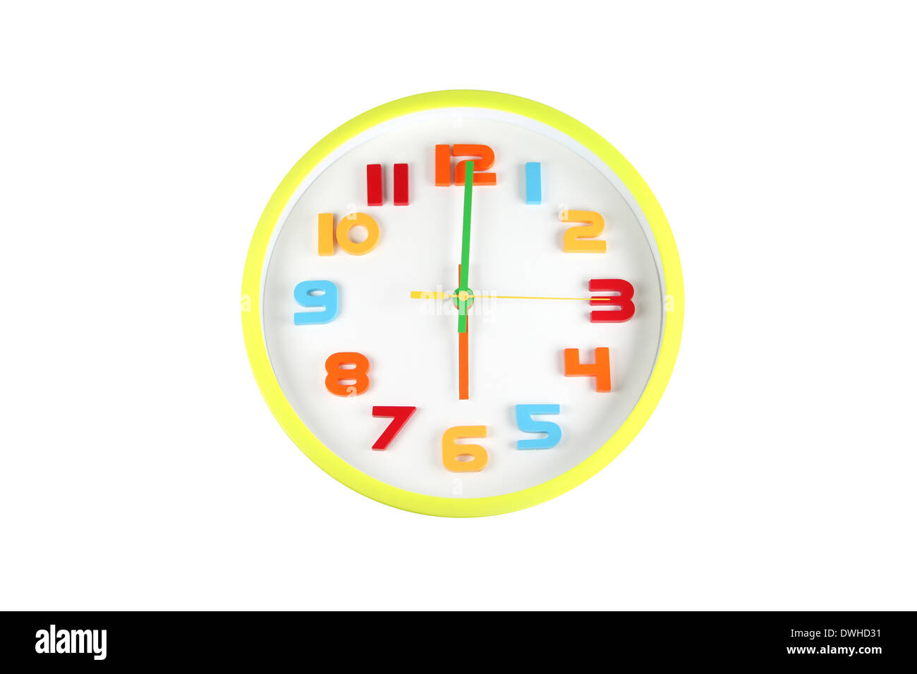Colorful clock in telling time of six o'clock on white background. Stock Photo