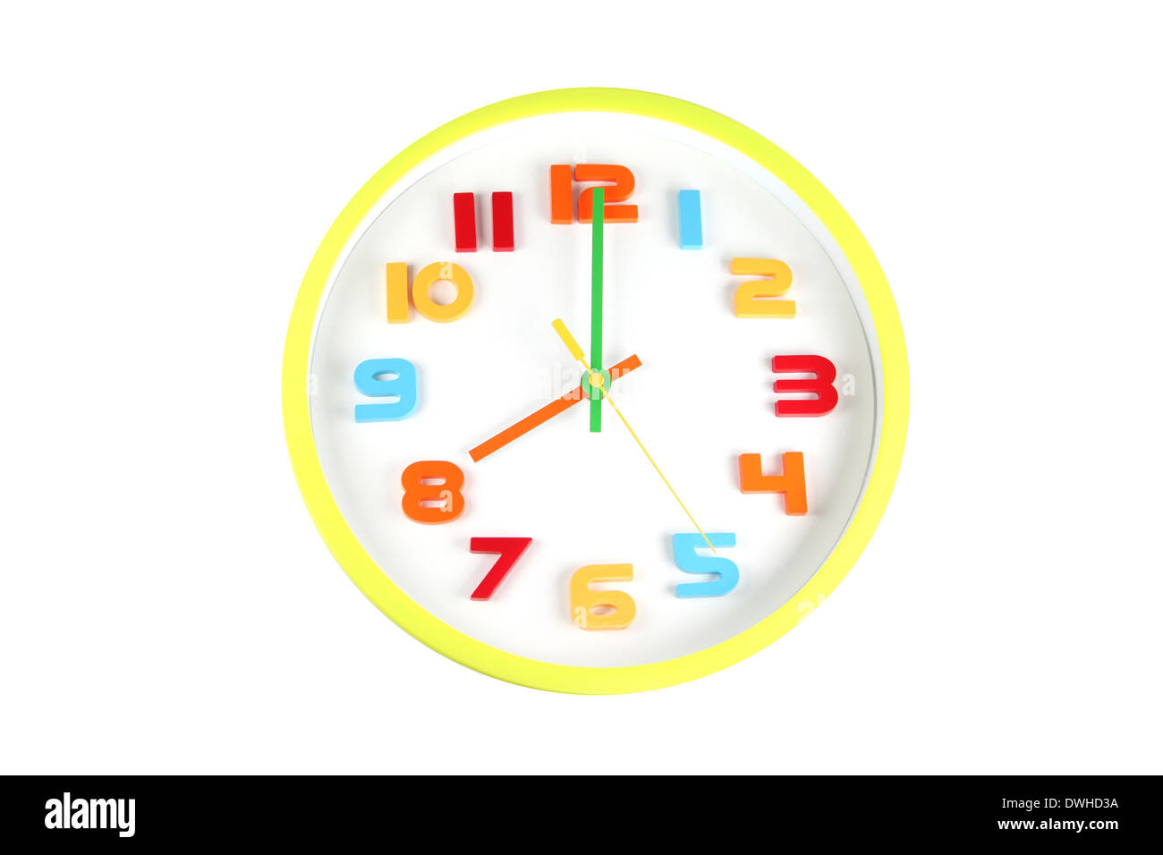 Colorful clock in telling time of eight o'clock on white background. Stock Photo