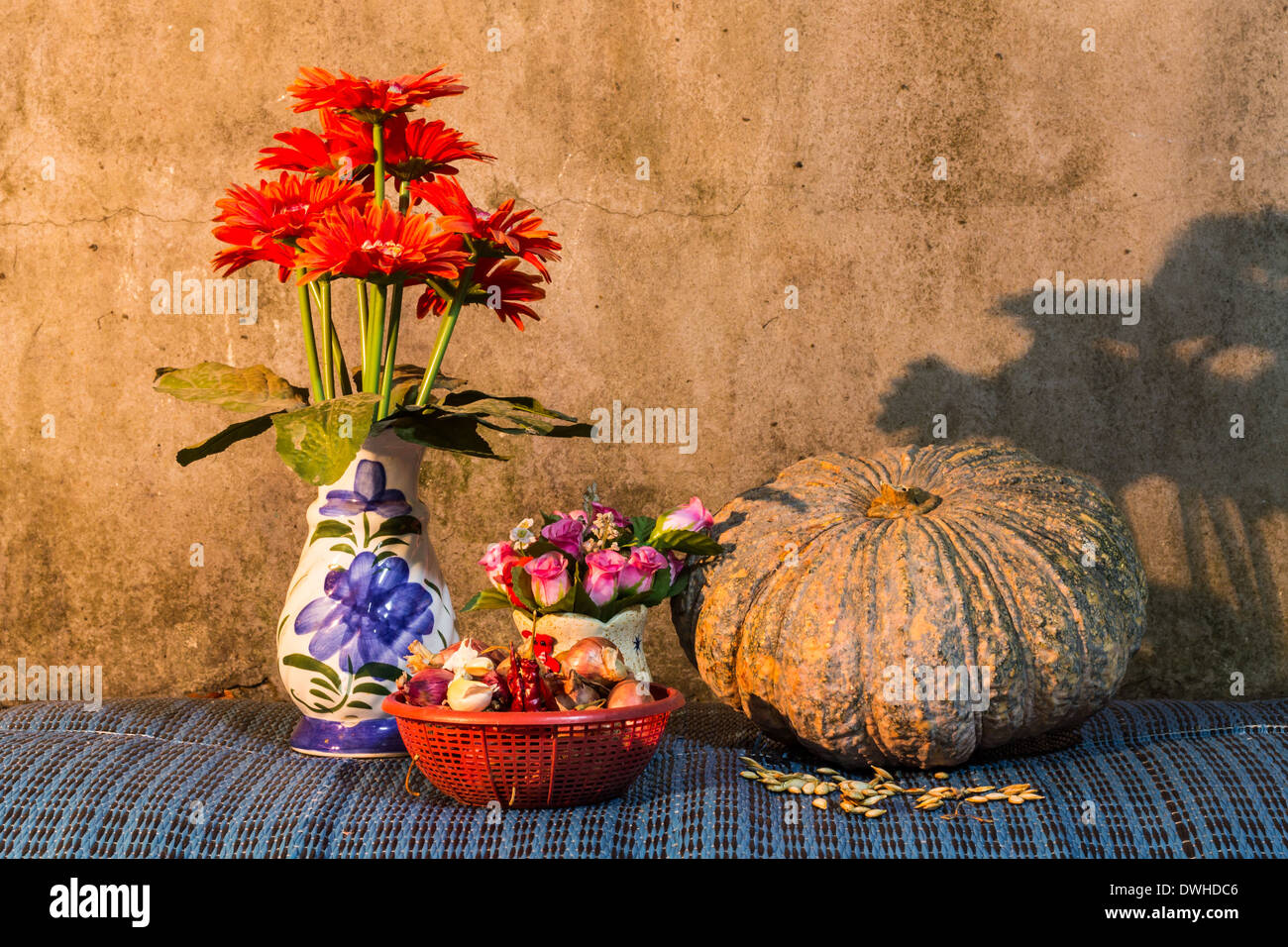 Still Life - pumpkin, dried chilli, shallots, and garlic, Pumpkin Seeds And Plastic Flower in vase Stock Photo