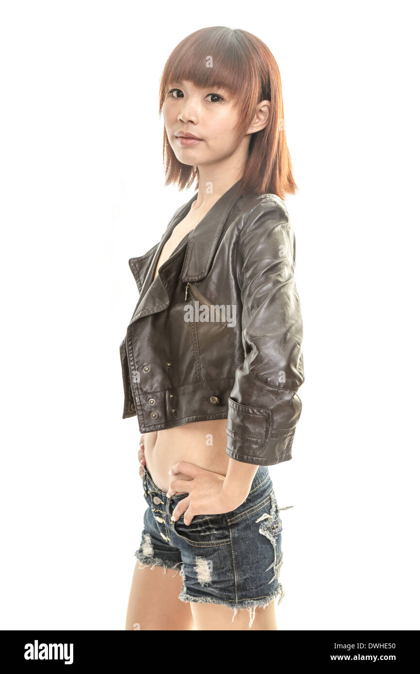 leather jacket and denim jean shorts 